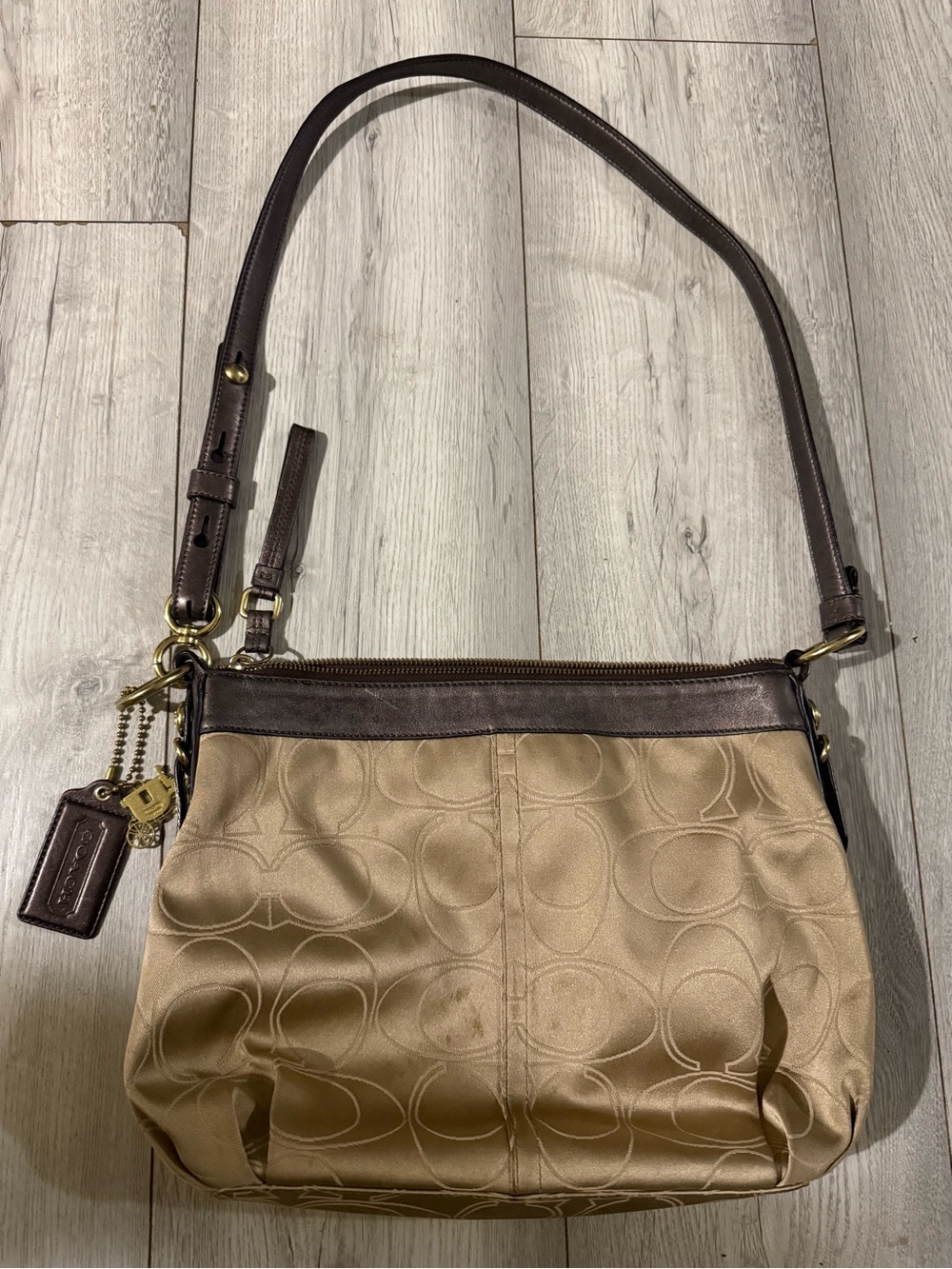 Rare Coach  Khaki Satin Signature Logo-Mia Convertible Pattern Shoulder Bag15760